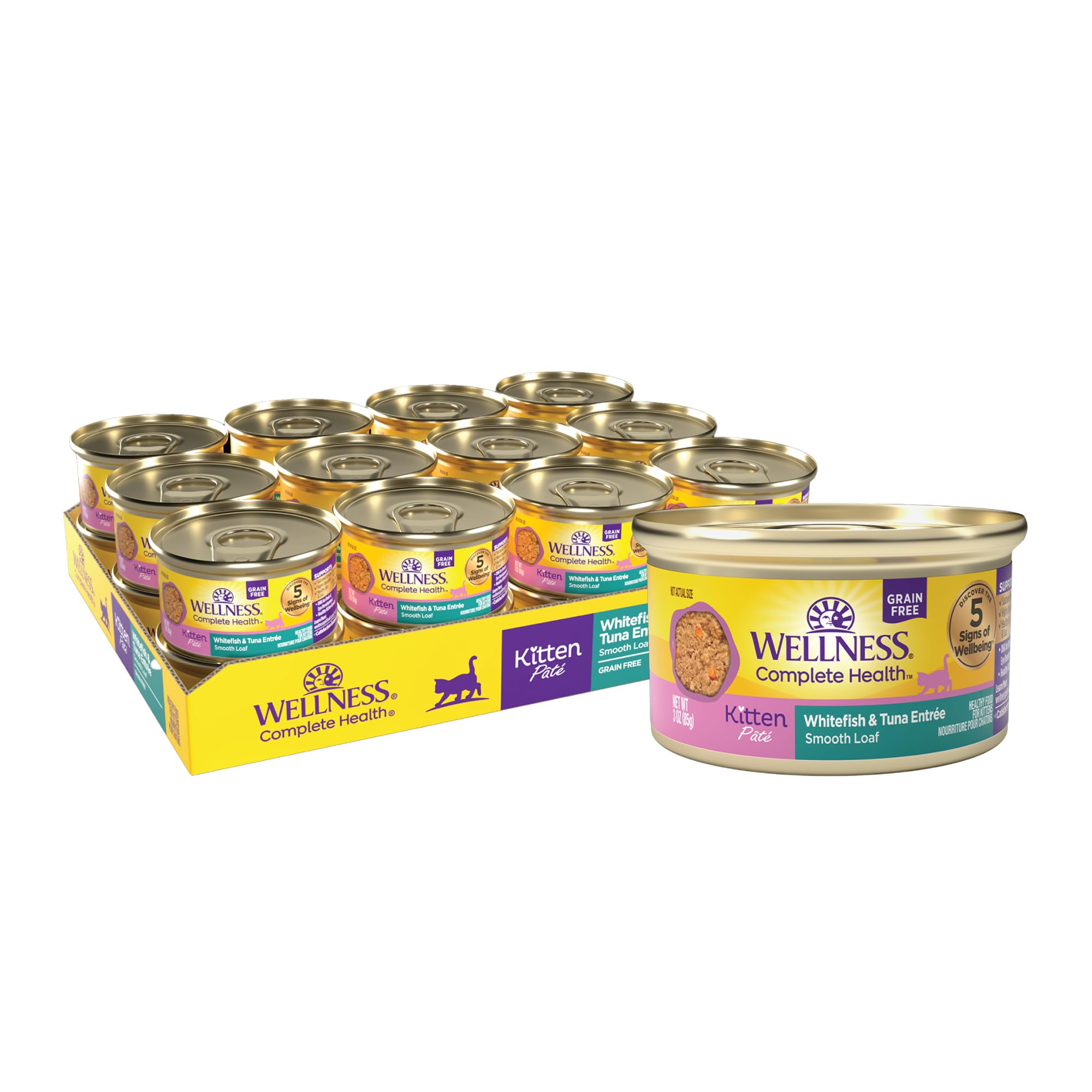 Wellness paté gatito con pescado blanco y atún, lata de 3 oz.