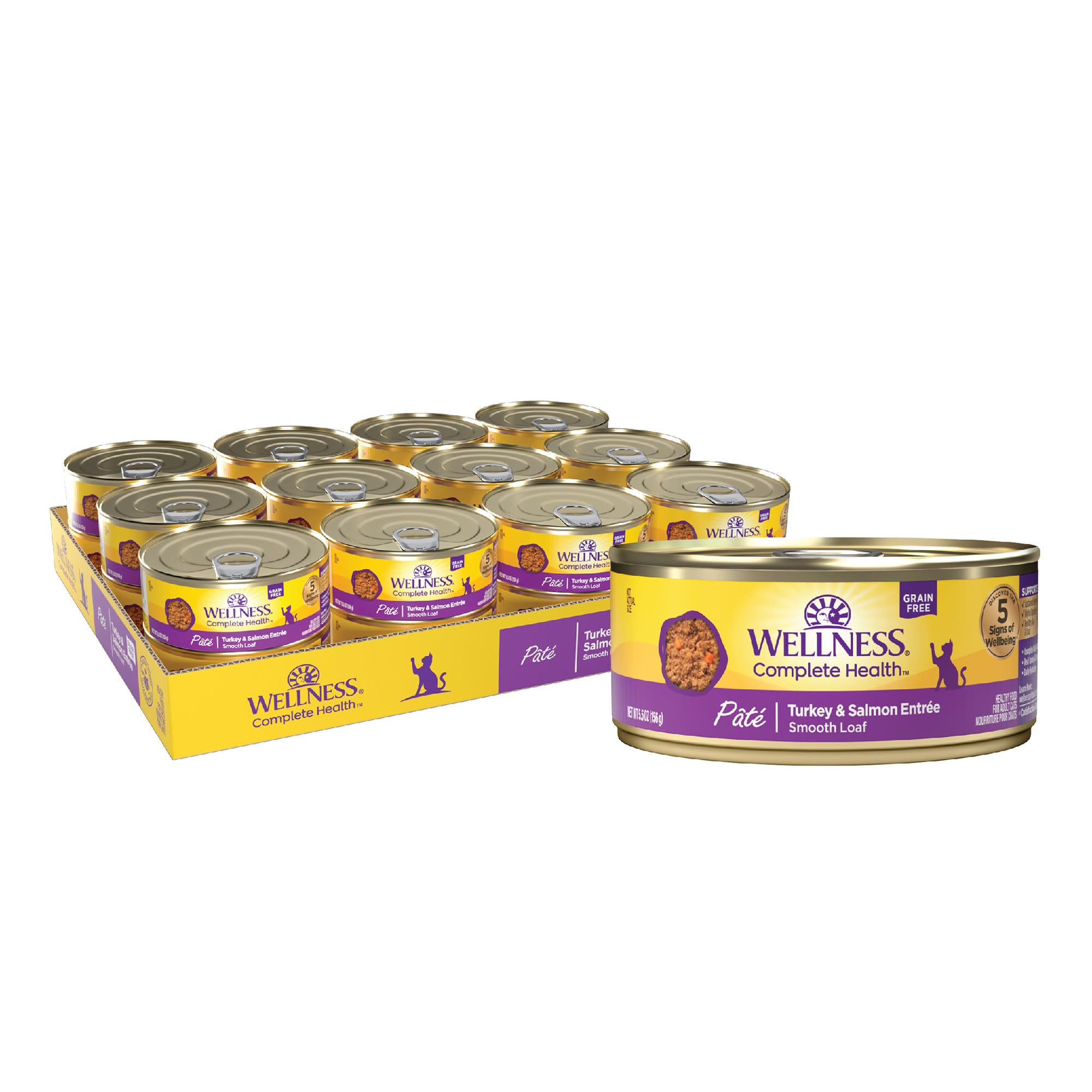 Wellness pate-gato-adulto-lata-sin-granos: textura suave y proteína de alta calidad para gatos.