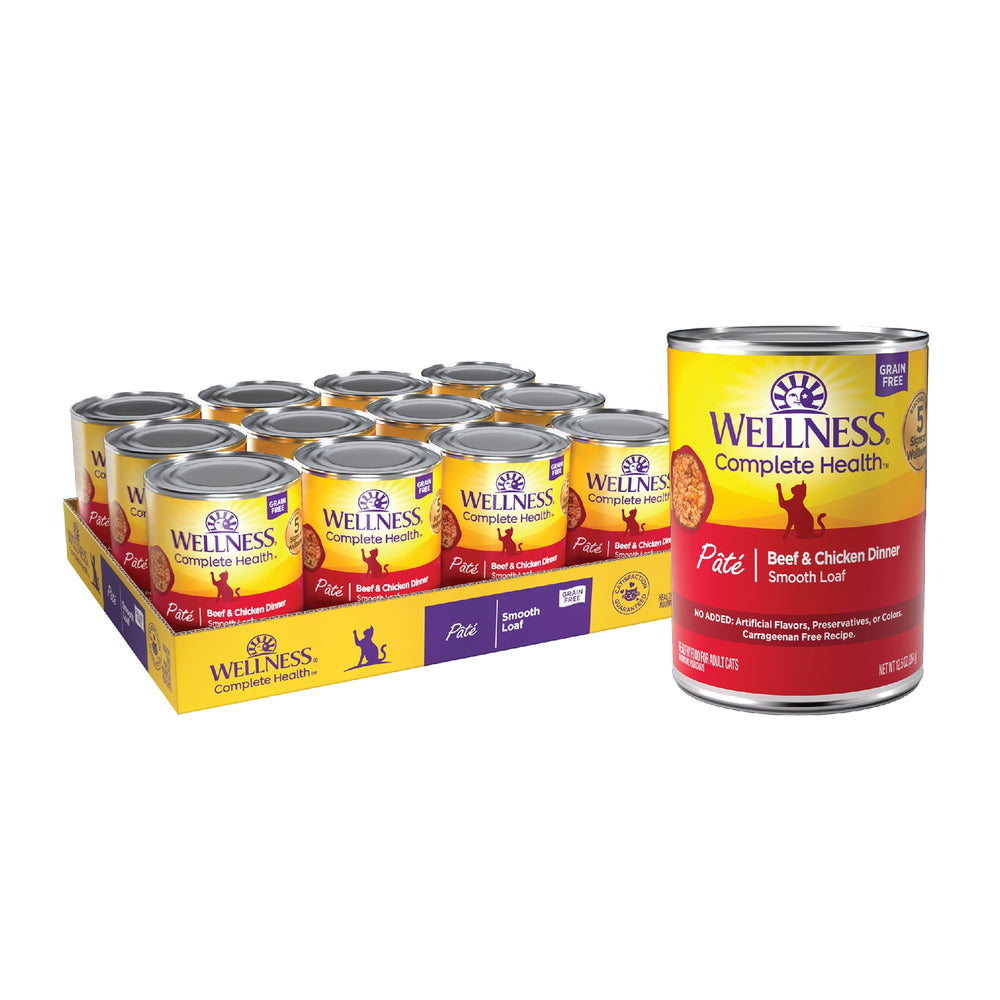 Wellness Pate para gatos: lata de res y pollo, fuente de proteína de calidad para cada comida.