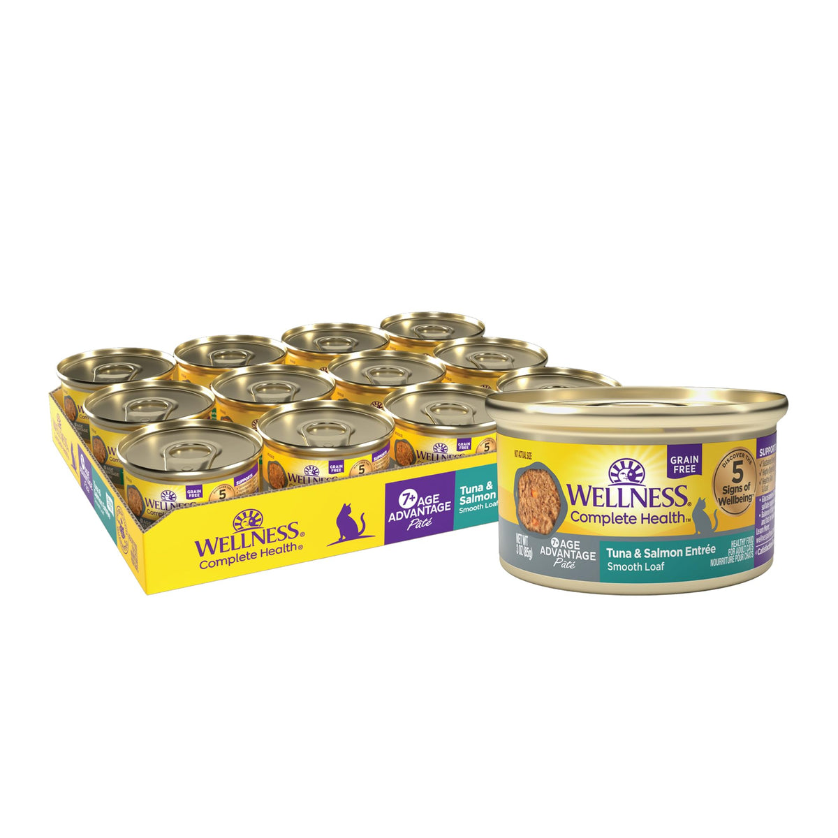 Wellness Complete Health Pate Senior, lata 3oz, favorece hidratación diaria.