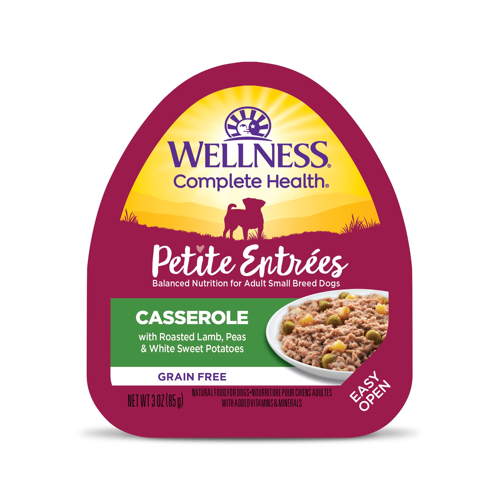 Wellness Petite Entrées: cordero asado con guisantes y batatas blancas, ideal para perros pequeños.