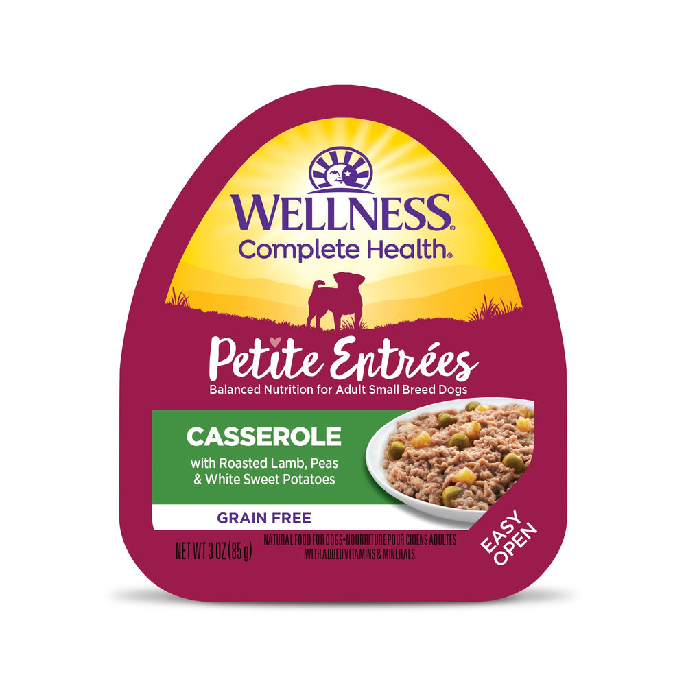 Wellness Petite Entrées: cordero asado con guisantes y batatas blancas, ideal para perros pequeños.