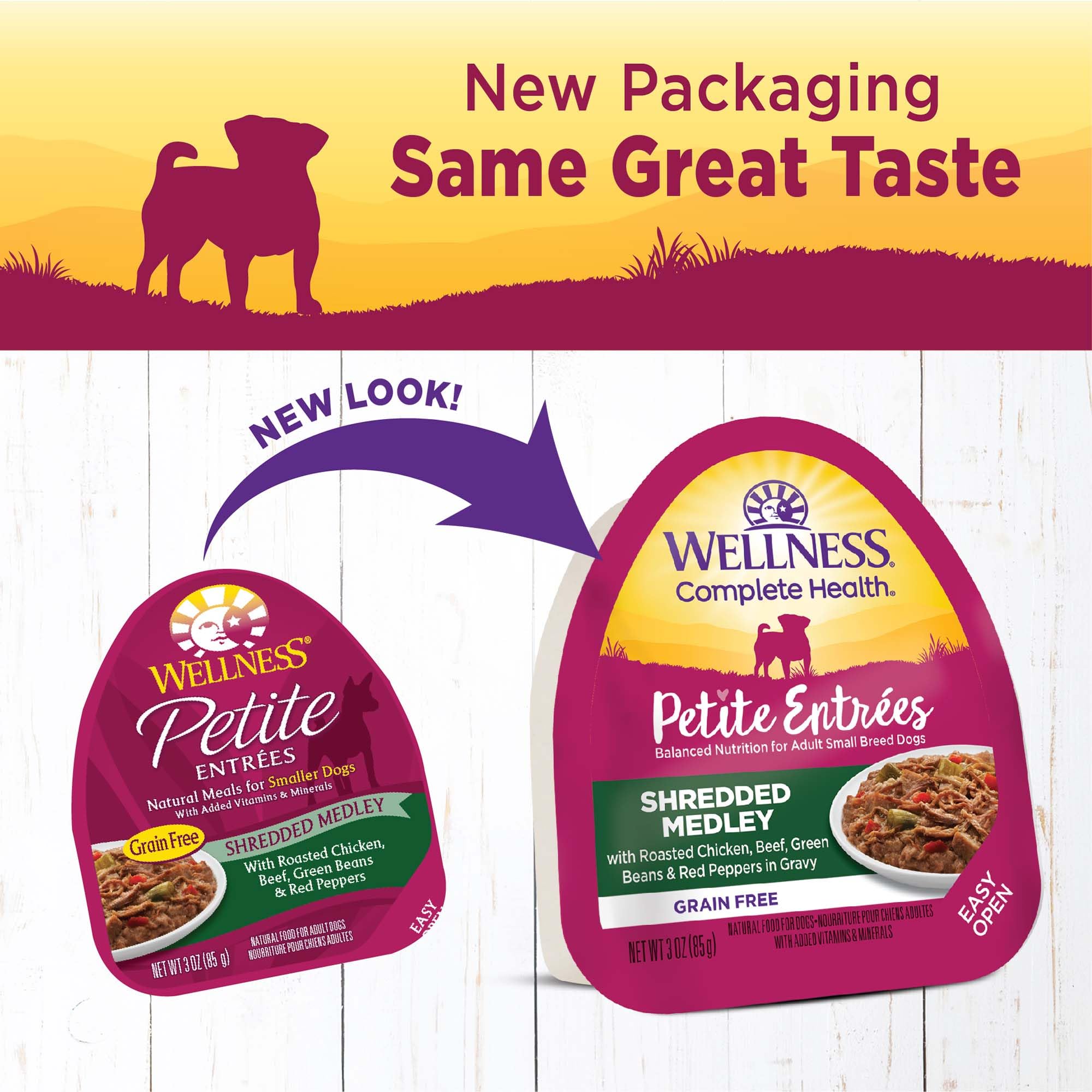Wellness Petite Entrées Medley trozos de carne en salsa sabrosa para perros pequeños.