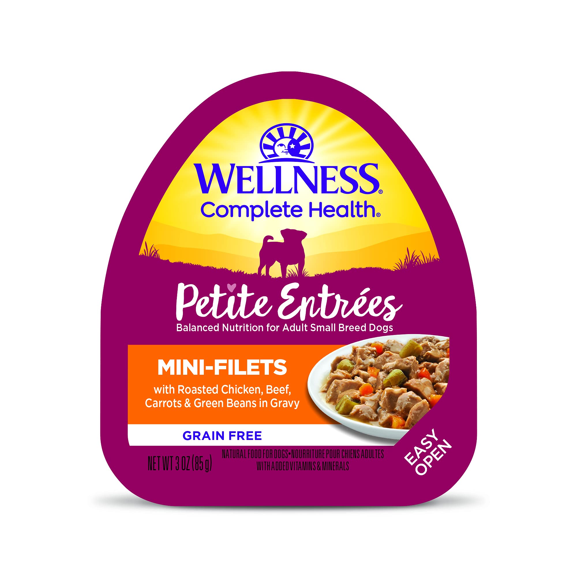 Wellness Petite Entrées: pollo asado con verduras en salsa, ideal para comidas diarias de perros pequeños.