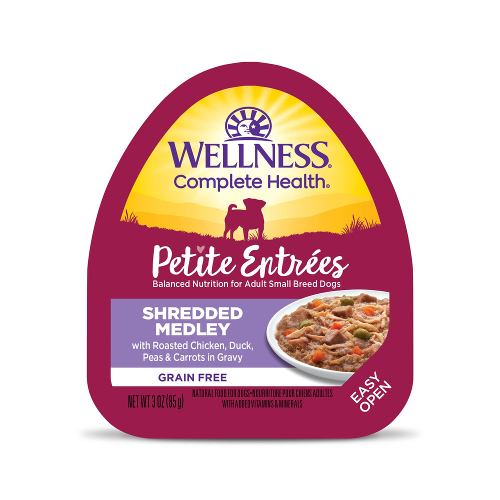 Wellness Petite Entrées con pollo asado, trozos tiernos para perros pequeños, sabor y variedad.