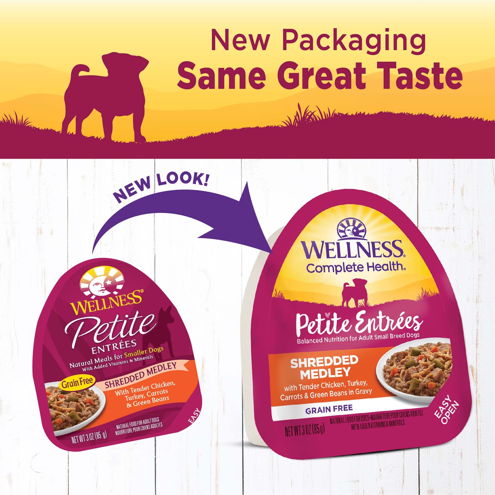 Wellness Petite Entrées salsa sabrosa y verduras enteras para perros de razas pequeñas.