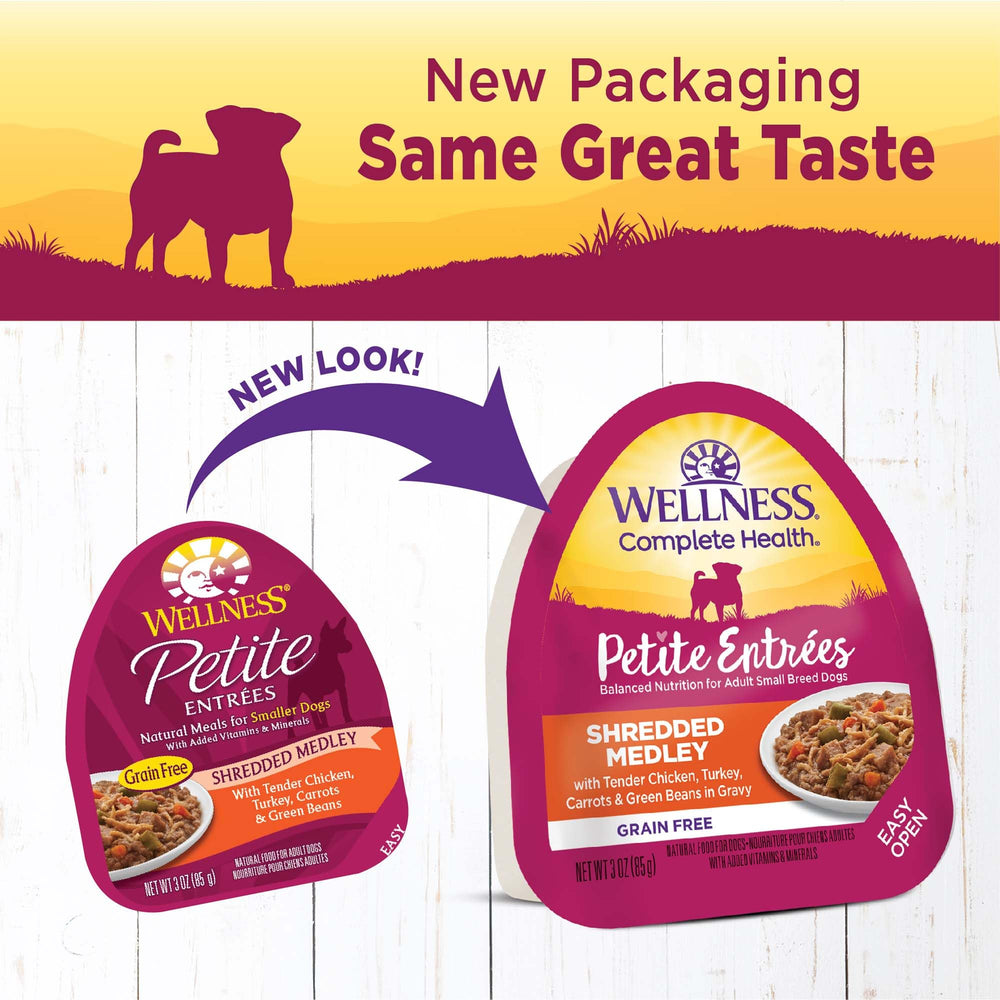 Wellness Petite Entrées salsa sabrosa y verduras enteras para perros de razas pequeñas.
