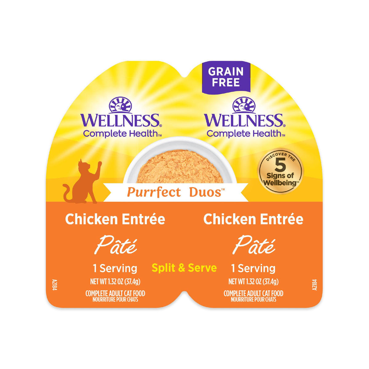 Wellness Purrfect Duos: taza de doble compartimento con pollo, porciones prácticas y sin desorden