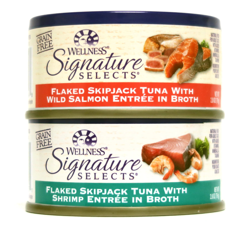 Wellness Signature Selects, lata de salmón y camarones, alimento húmedo de calidad para gatos.