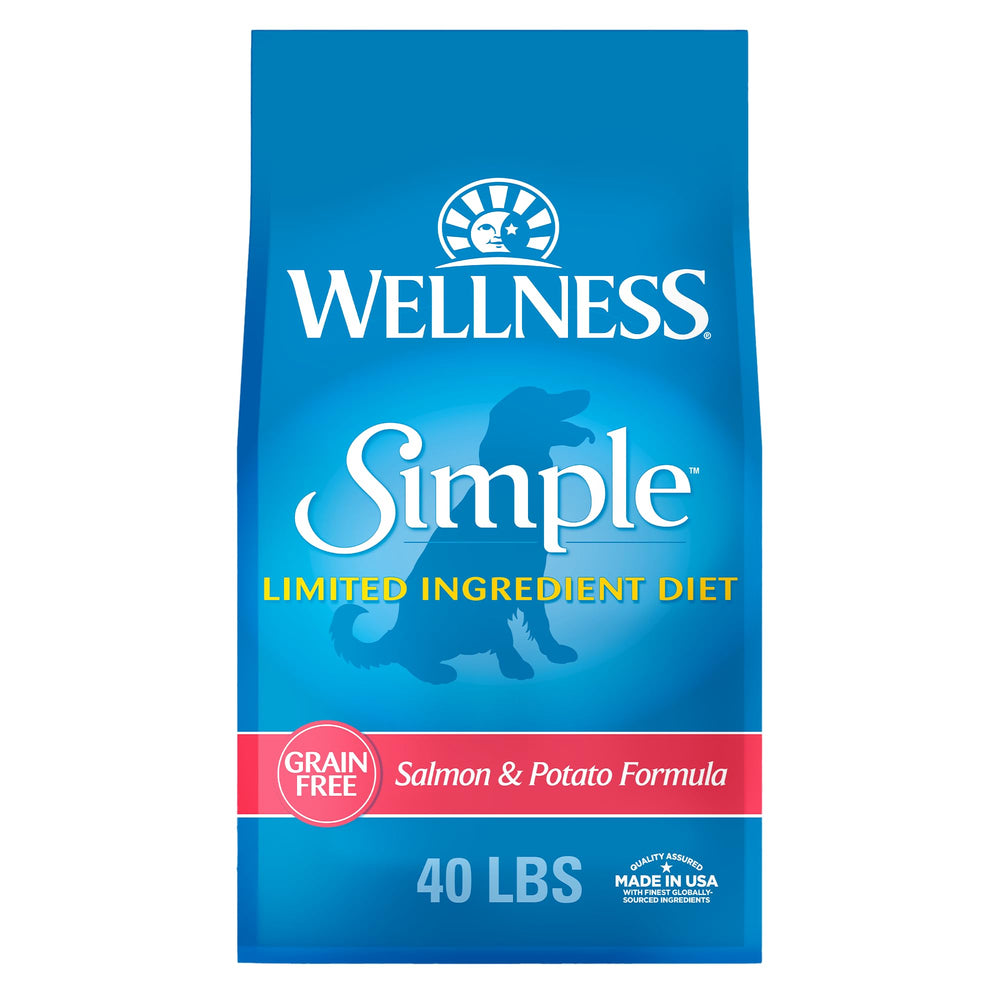 Wellness Simple alimento seco para perros con salmón y patata, bolsa de 40 libras, apoya digestión.