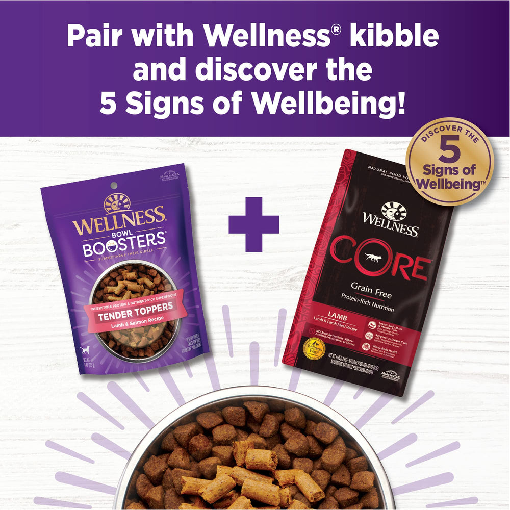 Wellness Tender Toppers cordero-salmon, sabor y nutrientes para el bienestar diario canino.