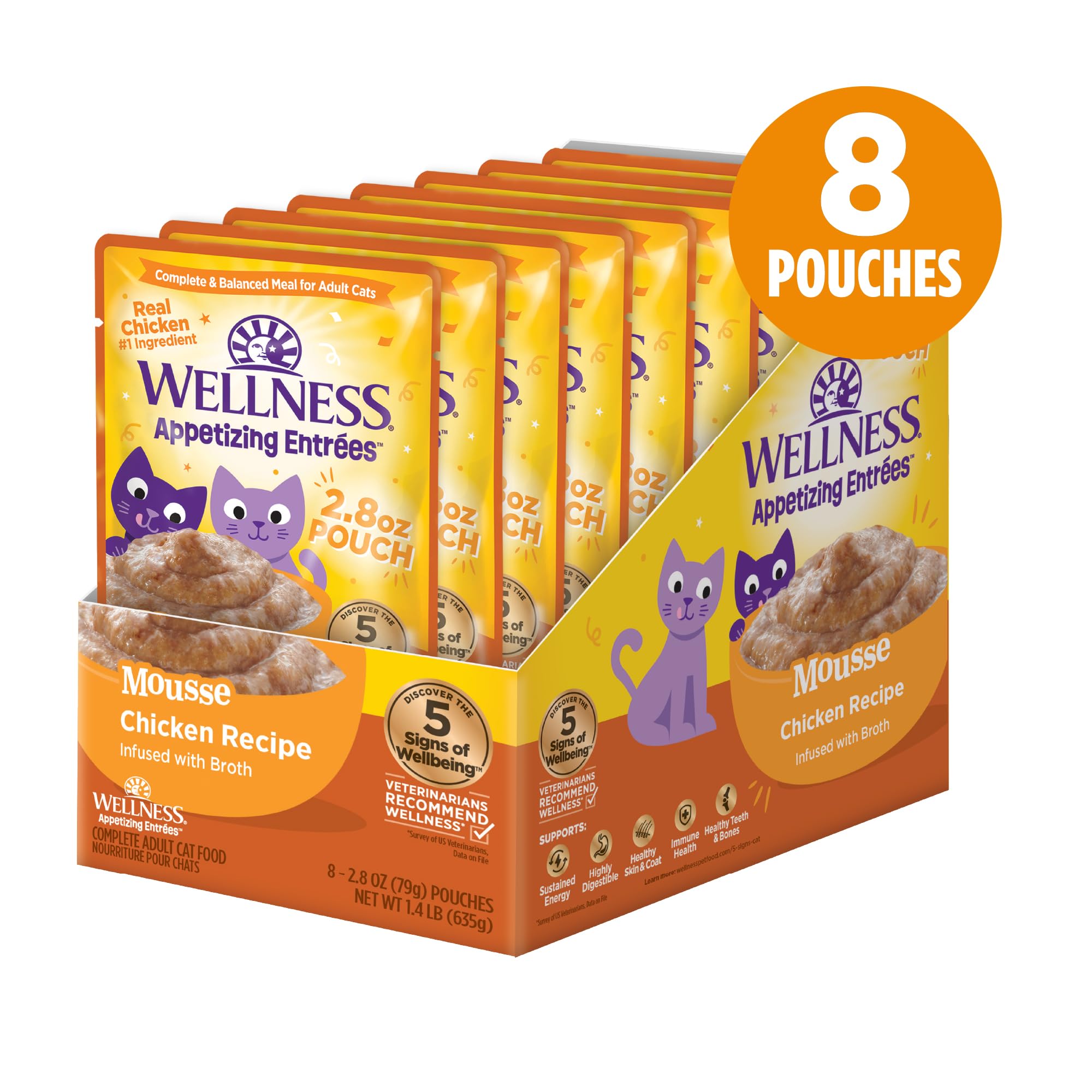 Wellness Appetizing Entrées Mousse textura sedosa que encanta a gatos selectivos.