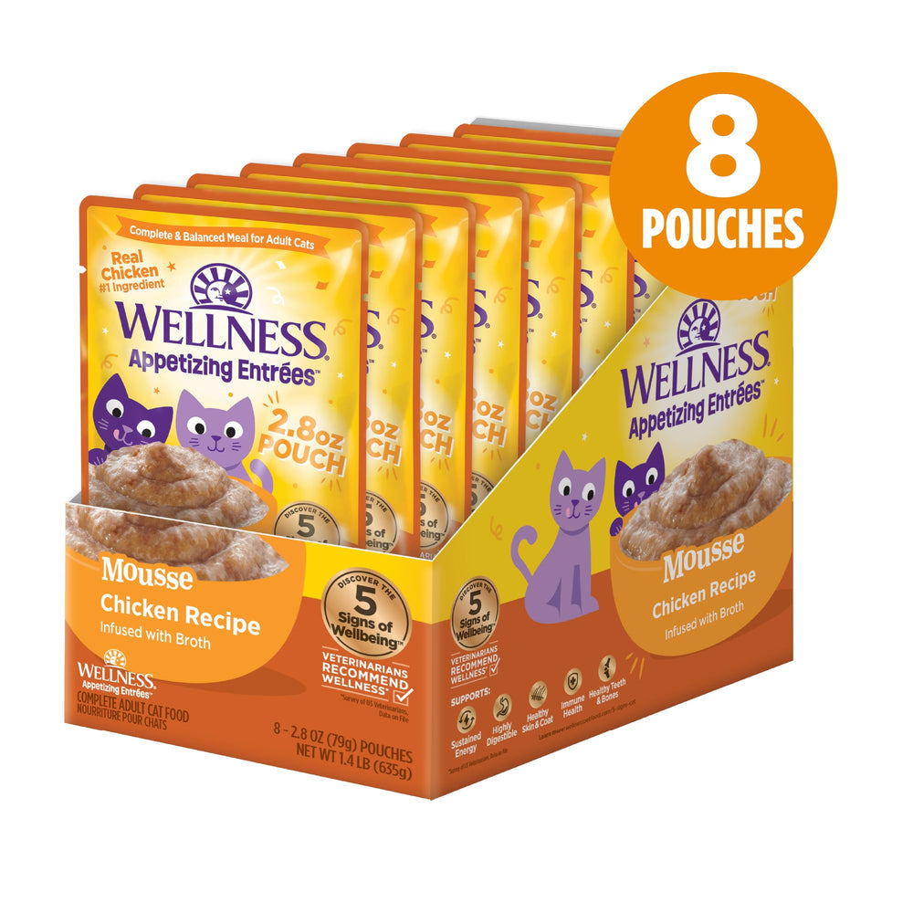 Wellness Appetizing Entrées Mousse textura sedosa que encanta a gatos selectivos.