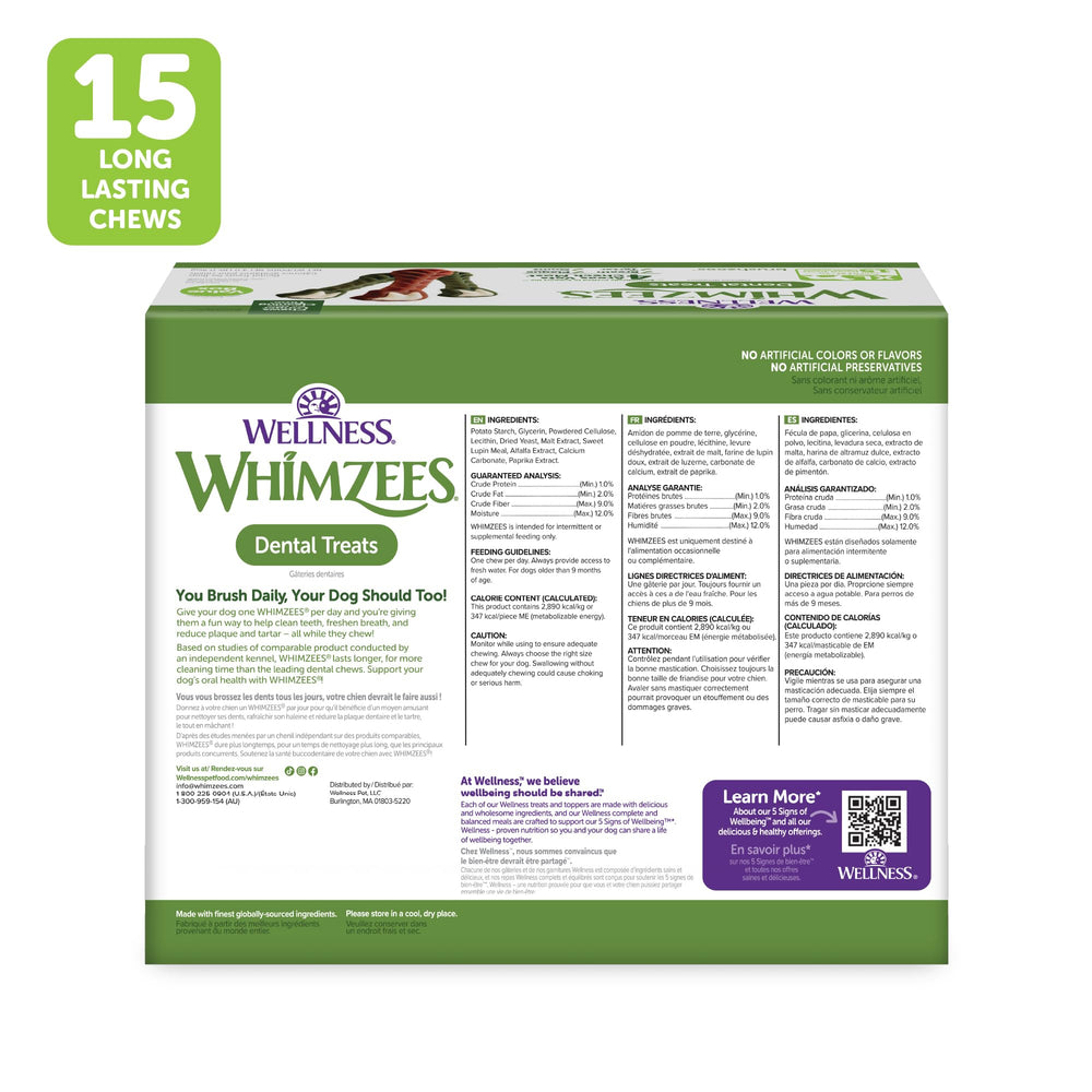 Wellness WHIMZEES masticables de larga duración ofrecen más tiempo de limpieza.