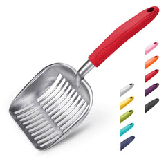 Pelle à litière WePet en aluminium avec poignée rouge, design ergonomique.