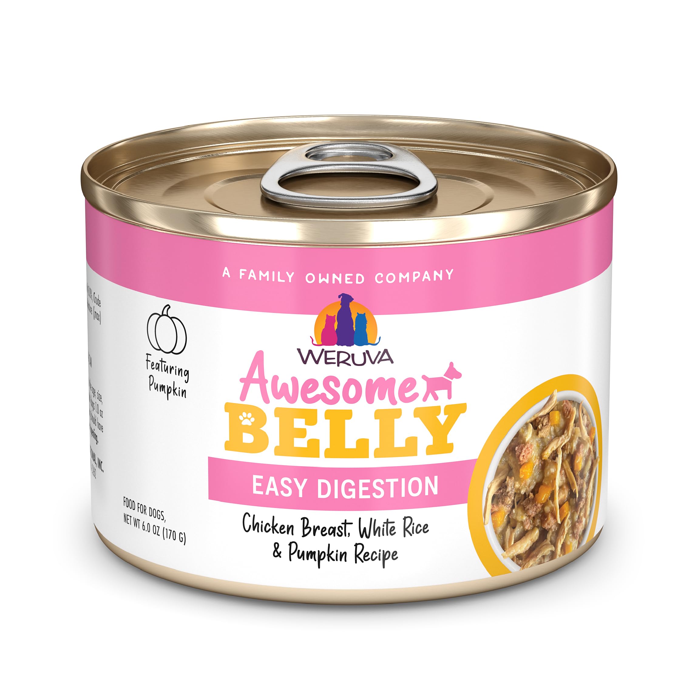 Weruva Awesome Belly, frente de la lata, ideal para alimentación diaria equilibrada.