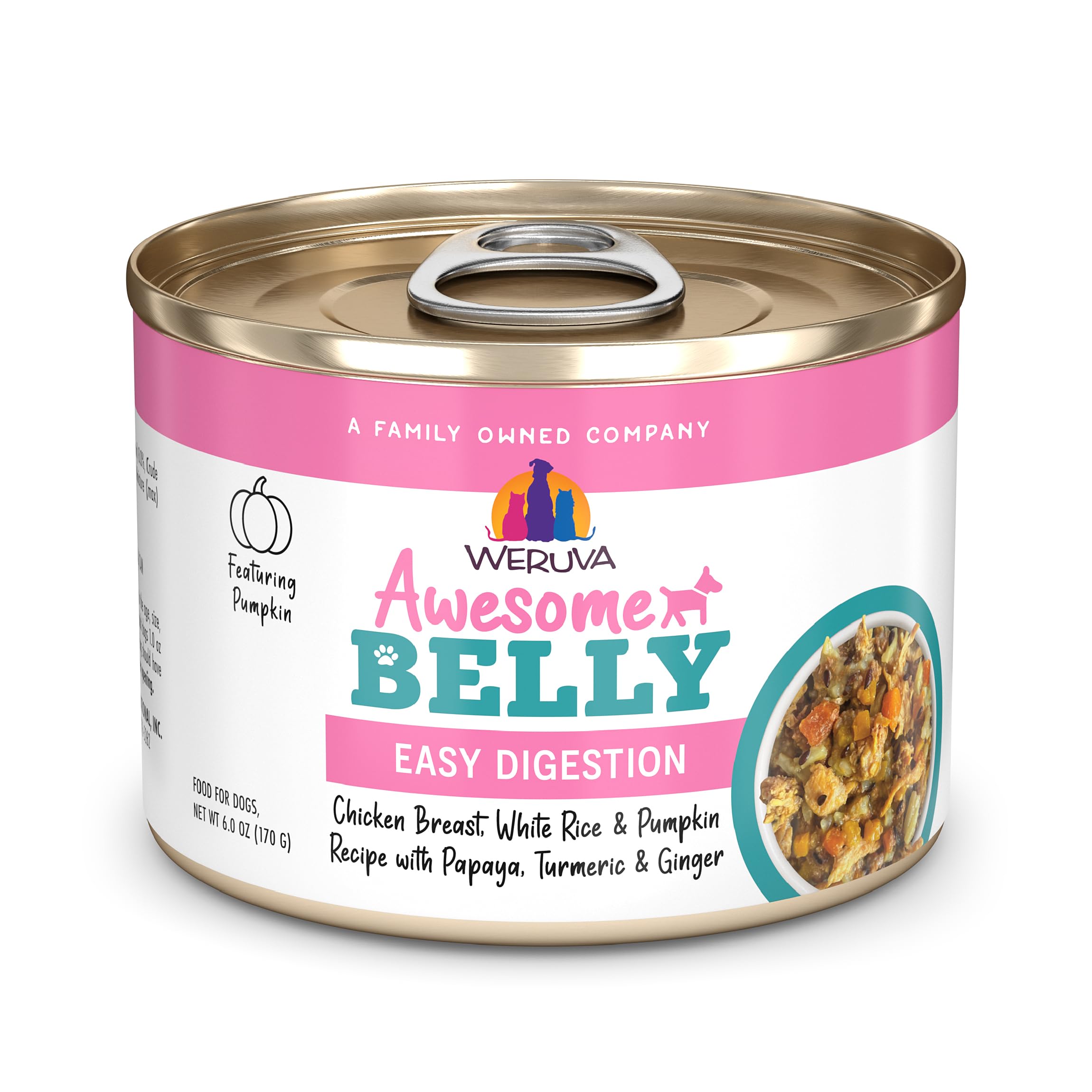 Weruva Awesome Belly, lata de pollo con arroz blanco y calabaza para digestión suave