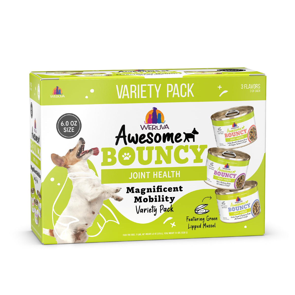 Weruva Awesome Bouncy, lata 6oz, favorece movilidad gracias a mejillón verde y aceite de pescado.