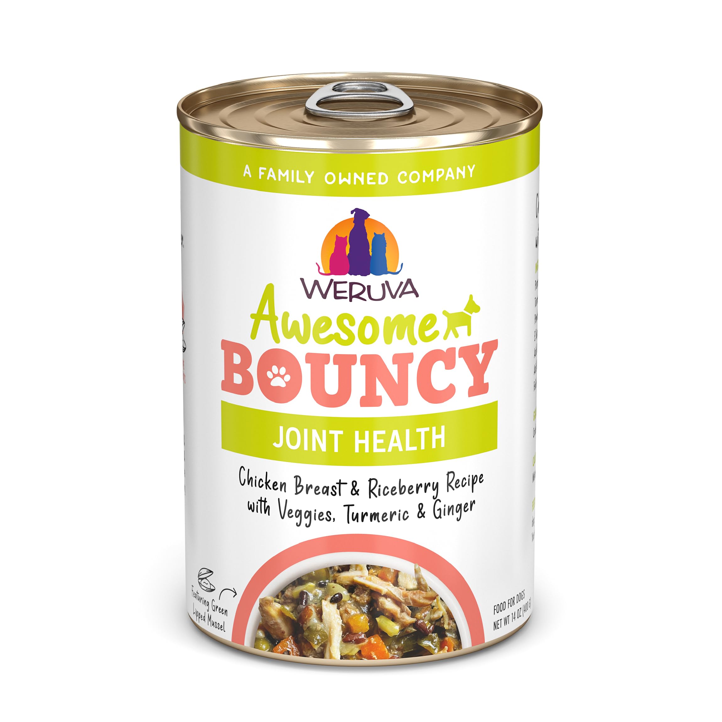 Weruva Awesome Bouncy lata de pollo-arroz-marrón con verduras y beneficio para articulaciones
