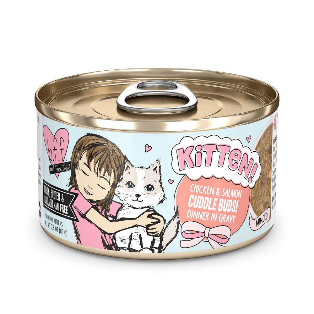 Weruva B.F.F. Kitten Cuddle Buds, lata pollo-salmon en salsa, ideal para hidratación y sabor.