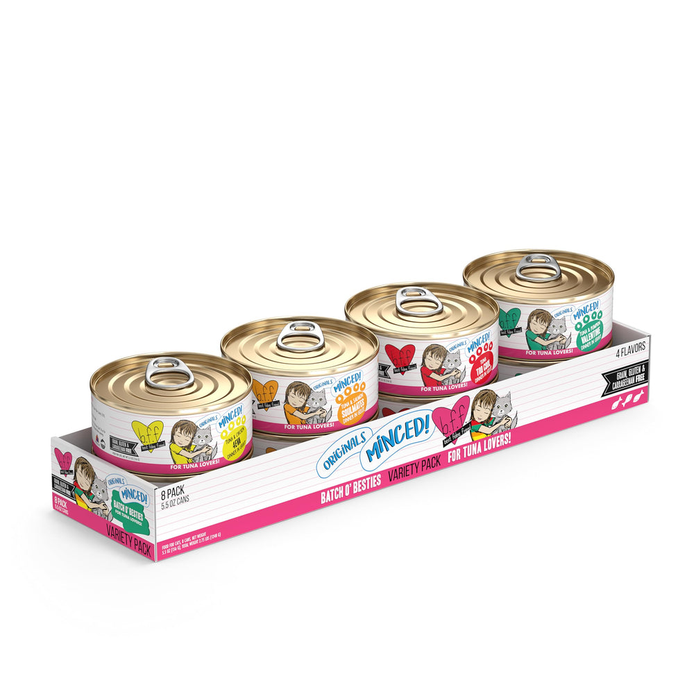 Weruva BFF Minced Natural: empaque con ocho latas para variedad diaria