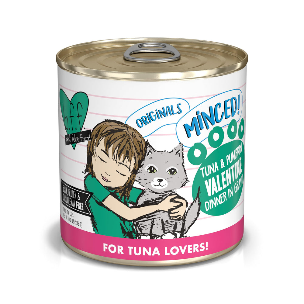 Weruva BFF Minced Valentine: atún y calabaza en salsa, lata de 10 onzas, ideal para hidratación felina