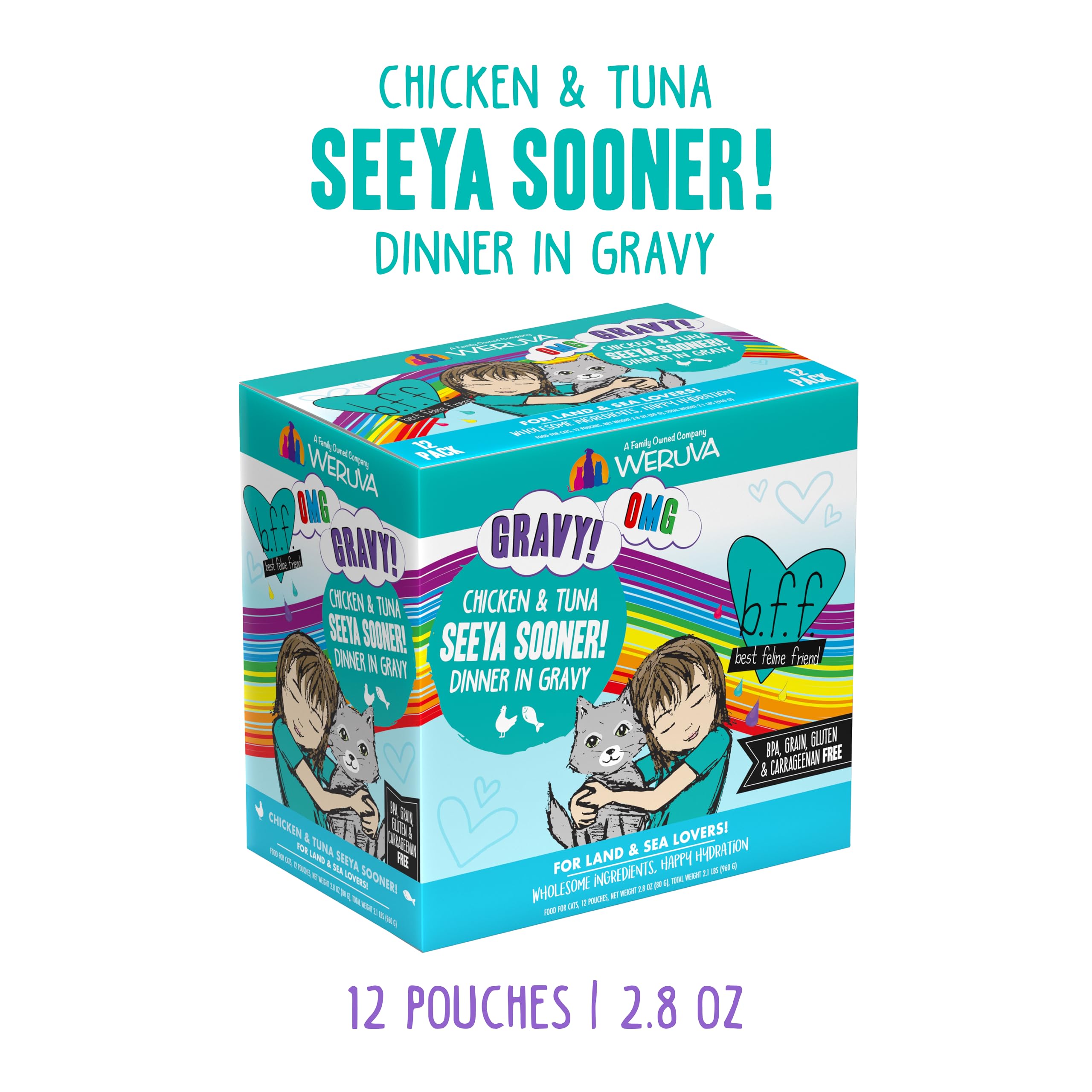 Weruva B.F.F. OMG, atún y pollo en salsa desmenuzado para gato.