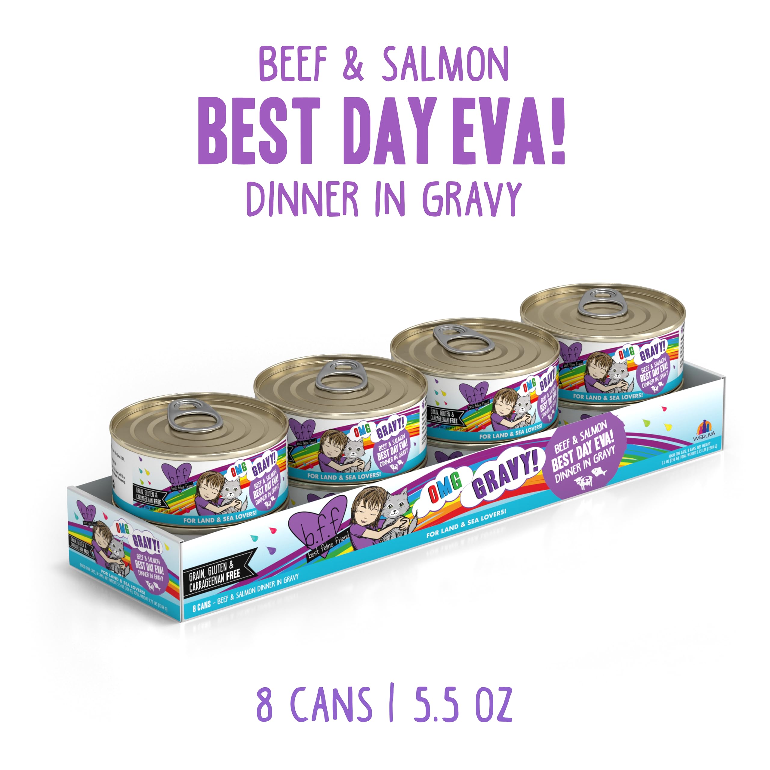 Weruva B.F.F. OMG con res y salmón en salsa espesa para paladar felino.