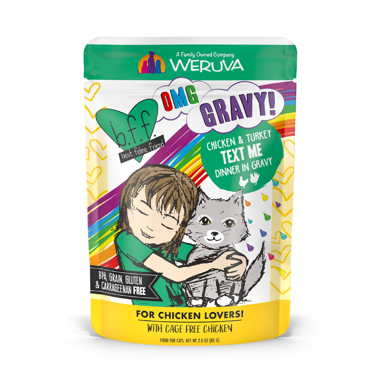 Weruva B.F.F. OMG muestra trozos de pollo y pavo en salsa jugosa para gatos.
