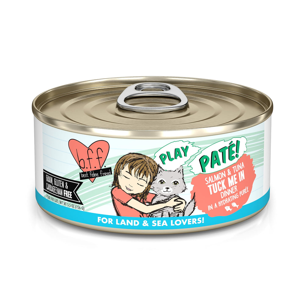 Weruva B.F.F. Play paté salmón y atún en lata, textura cremosa para comer suave.