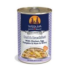 Weruva Bed & Breakfast para perros con pollo, huevo y calabaza en salsa, desayuno apetitoso.