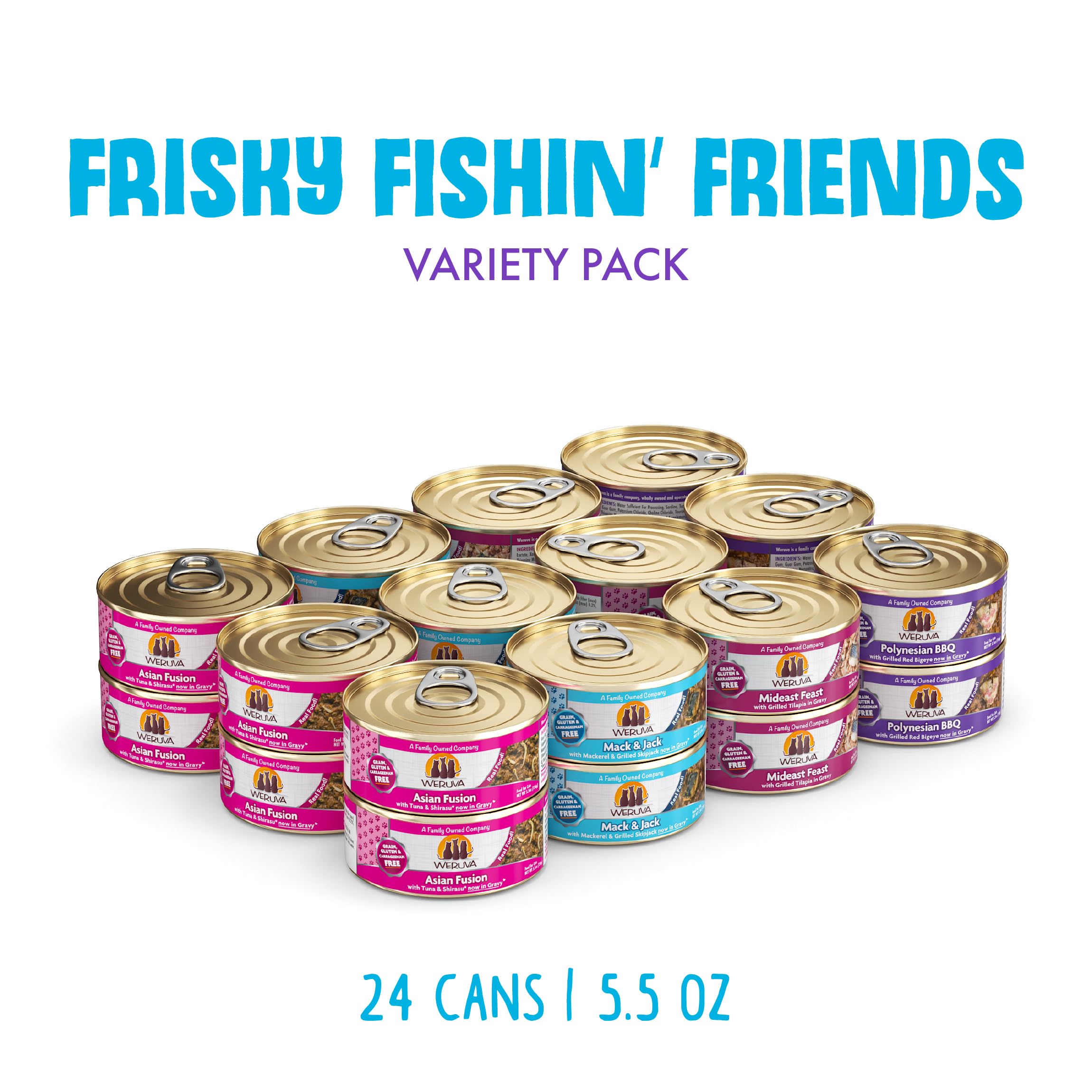 Weruva Frisky Fishin' Friends Mideast Feast, lata 5.5 oz, pescado de calidad para gatos.