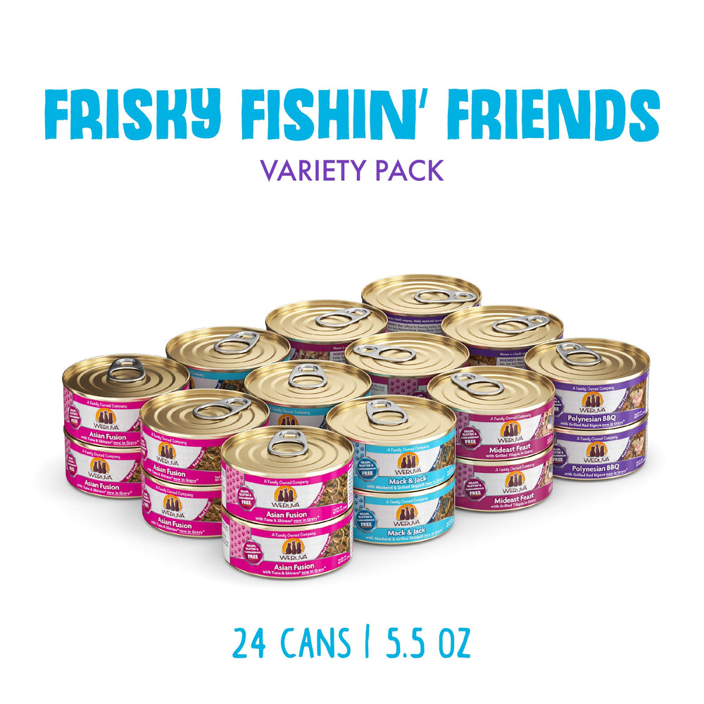 Weruva Frisky Fishin' Friends Mideast Feast, lata 5.5 oz, pescado de calidad para gatos.