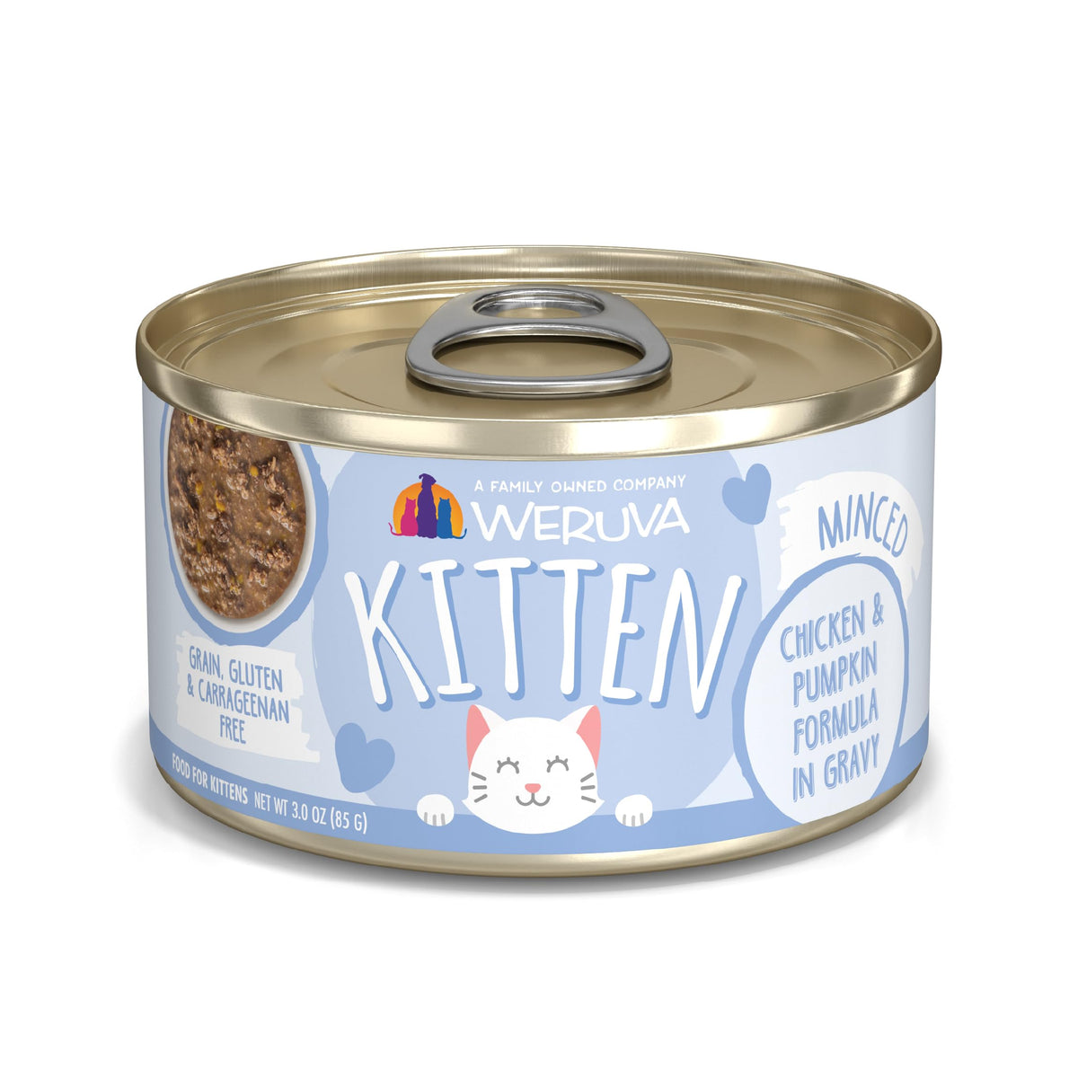 Gatito Weruva pollo-calabaza en salsa, lata de 3oz para comidas diarias.