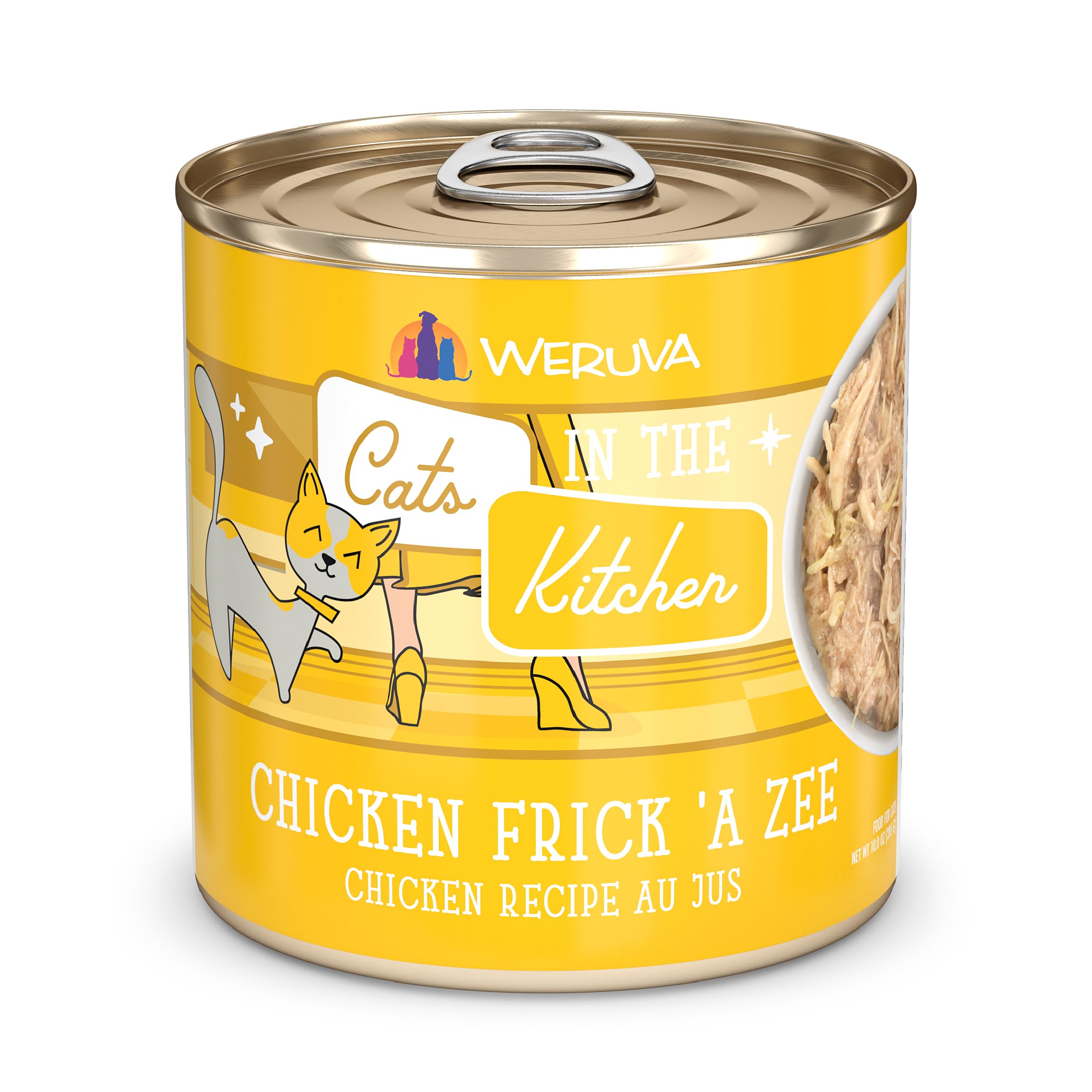 Weruva Cats in The Kitchen con pollo Frick A Zee en lata de 10oz, sabor apetecible.