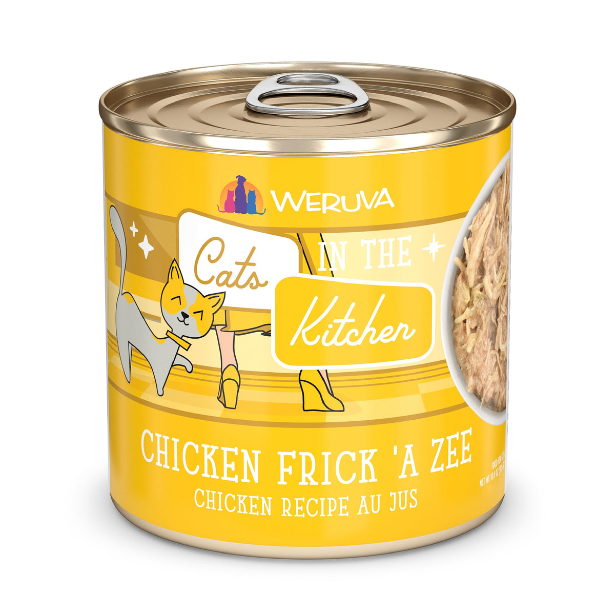 Weruva Cats in The Kitchen con pollo Frick A Zee en lata de 10oz, sabor apetecible.