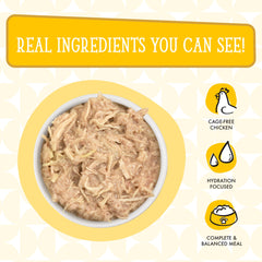 Ingredientes sostenibles de Weruva para gatos, pollo Frick A Zee en porciones.