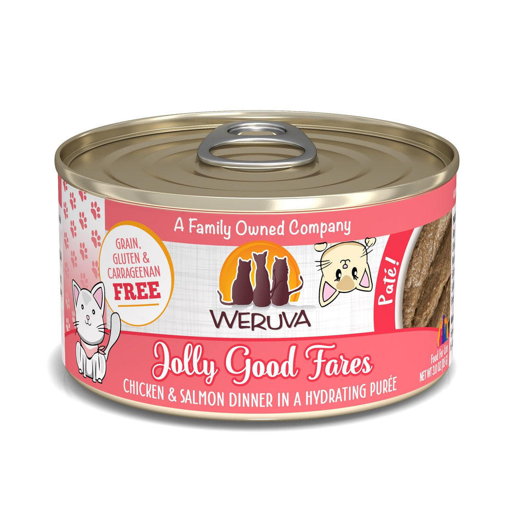 Weruva Jolly Good Fares paté cremoso de pollo y salmón para gatos, favorece la hidratación.