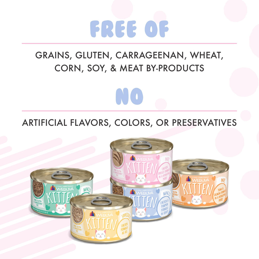 Formato práctico de servir Weruva Kitten para comidas diarias.