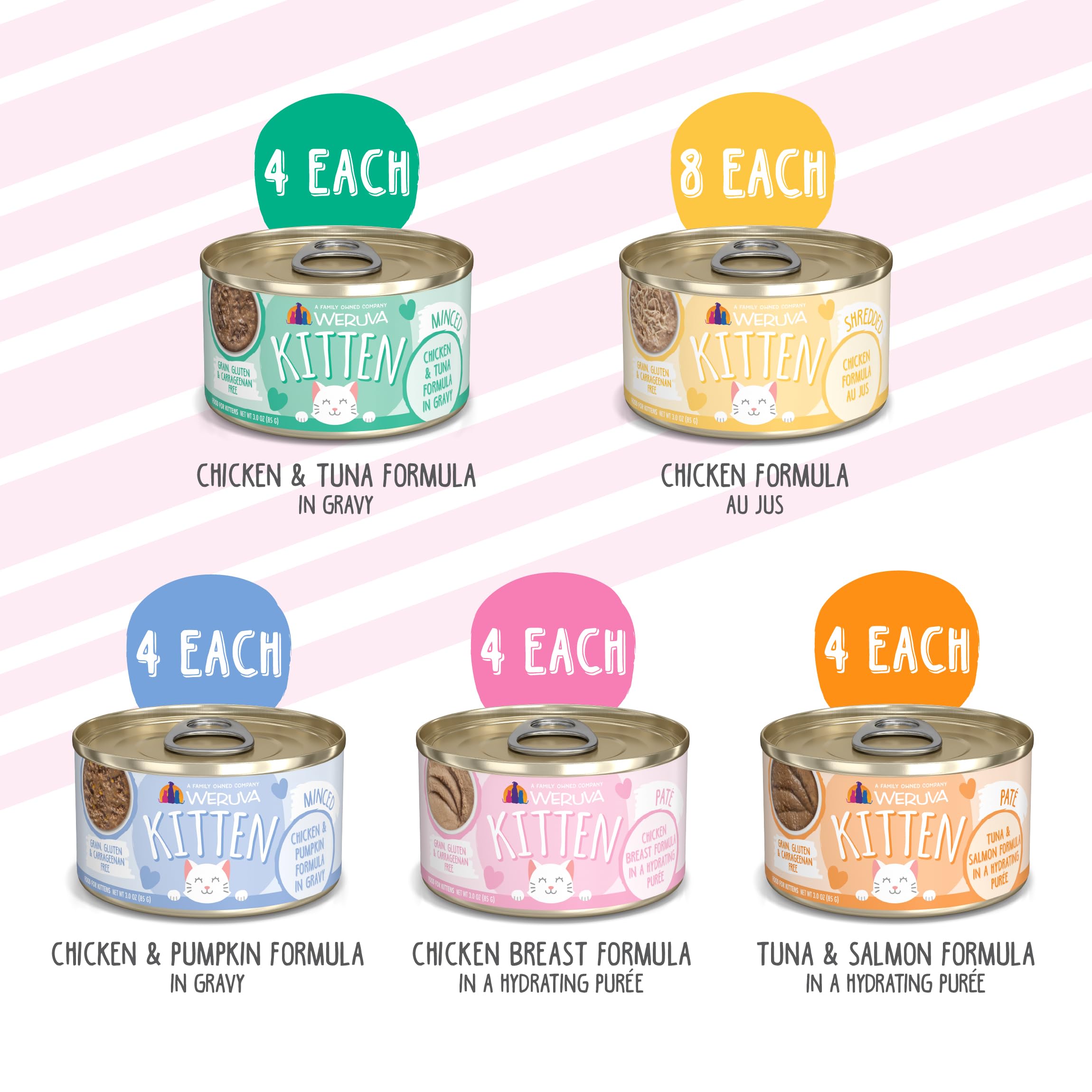 Weruva Kitten variedad latas 3 onzas, ingredientes de calidad para energía diaria y desarrollo.