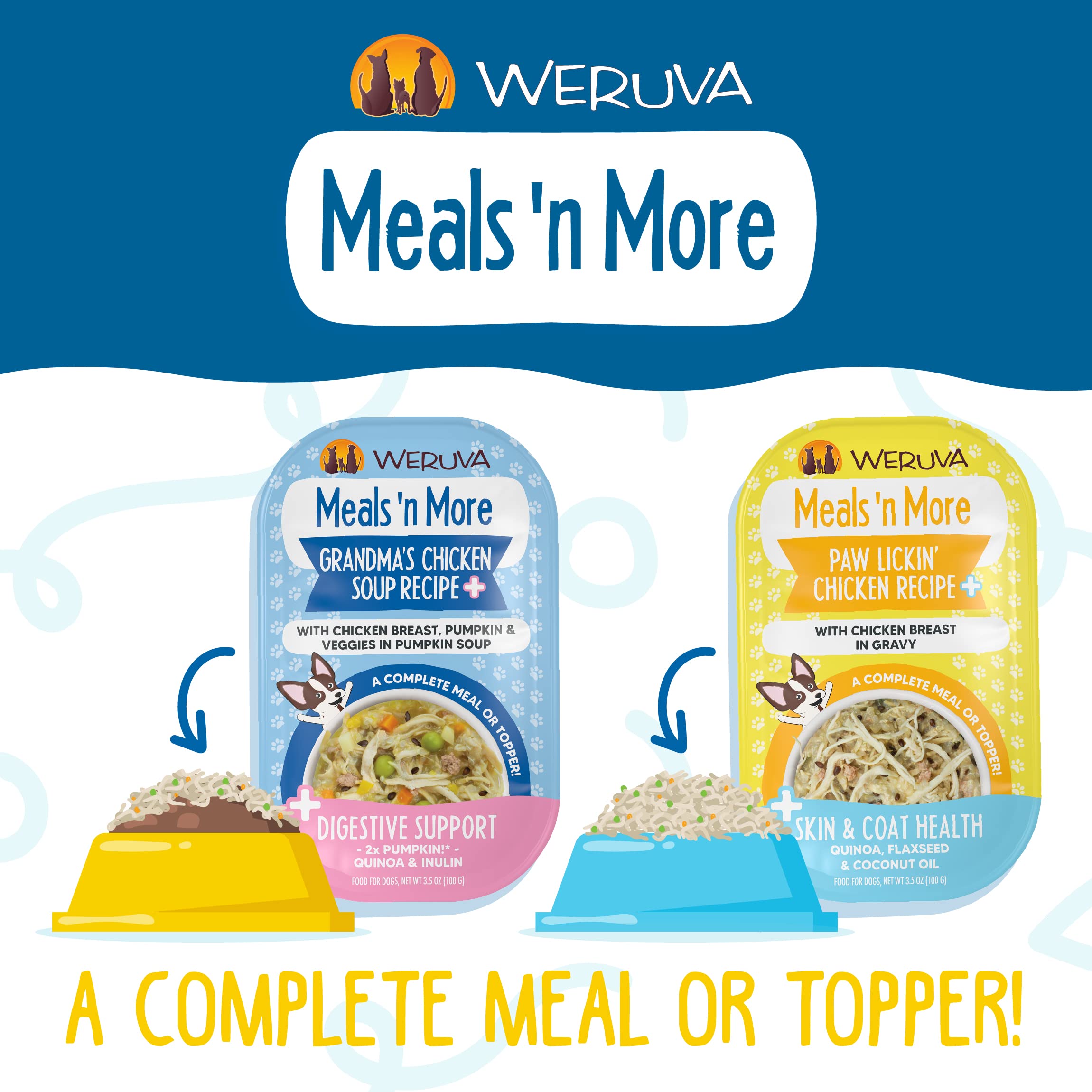 Weruva Meals 'n More, presentación de 20 latas facilita la planificación de comidas.