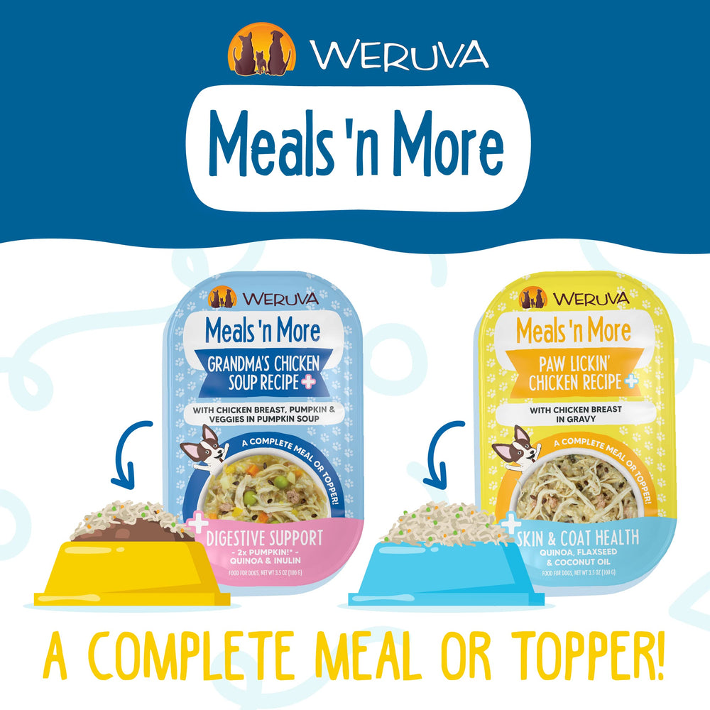 Weruva Meals 'n More, presentación de 20 latas facilita la planificación de comidas.