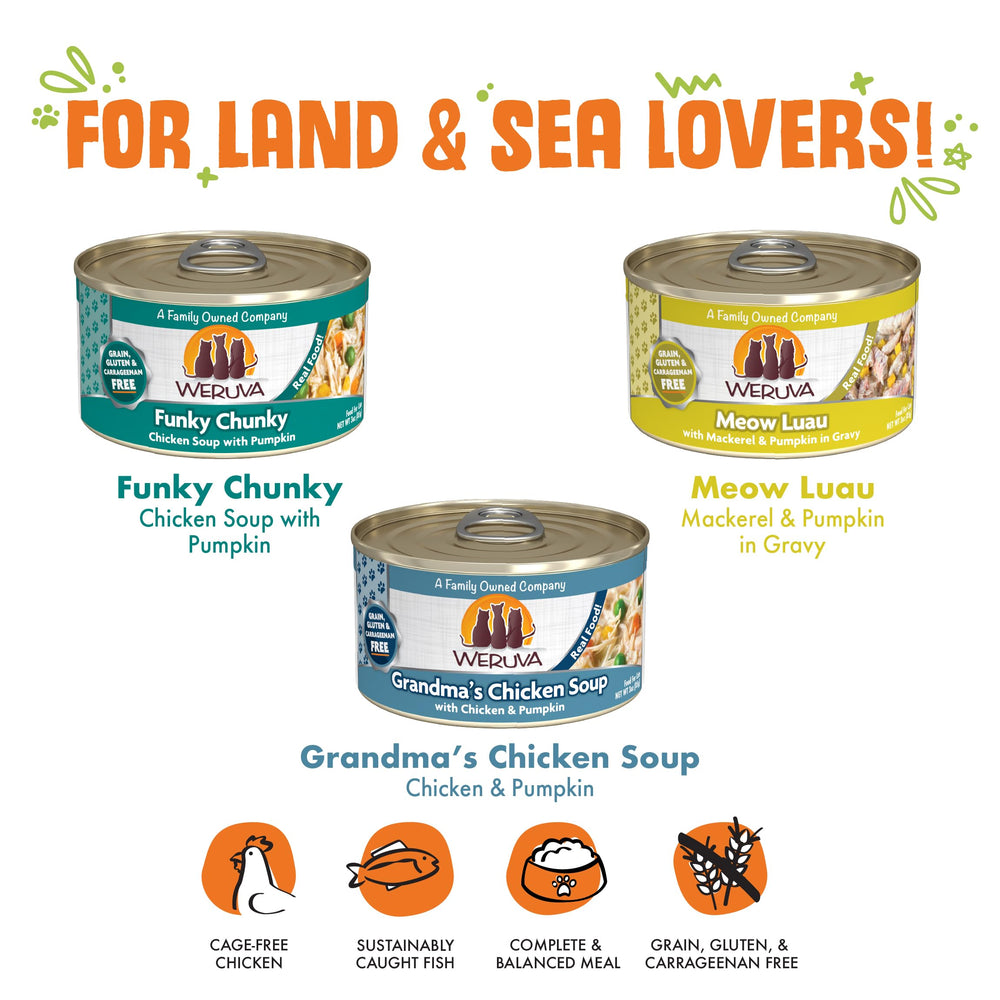 Weruva Meow Luau 3oz lata: mezcla de ingredientes con calabaza para gusto diario