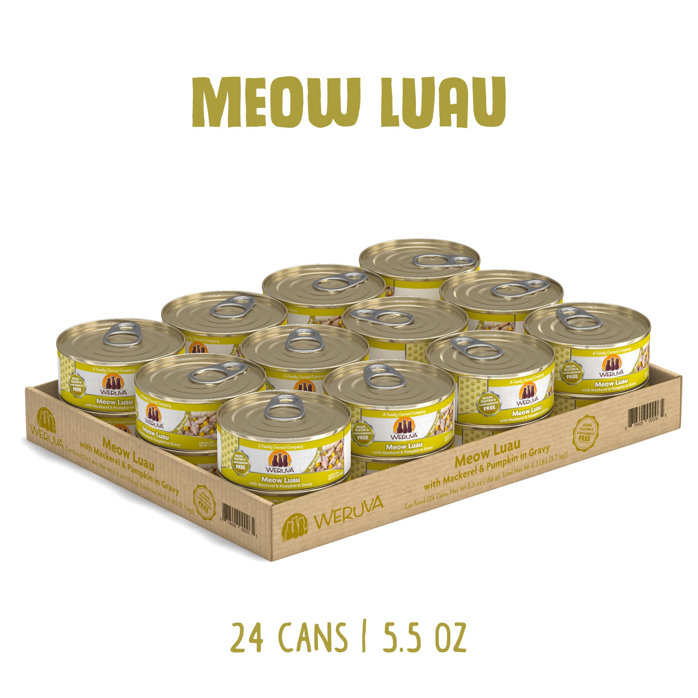 Meow Luau destaca caballa y calabaza en una práctica lata para gatos exigentes.