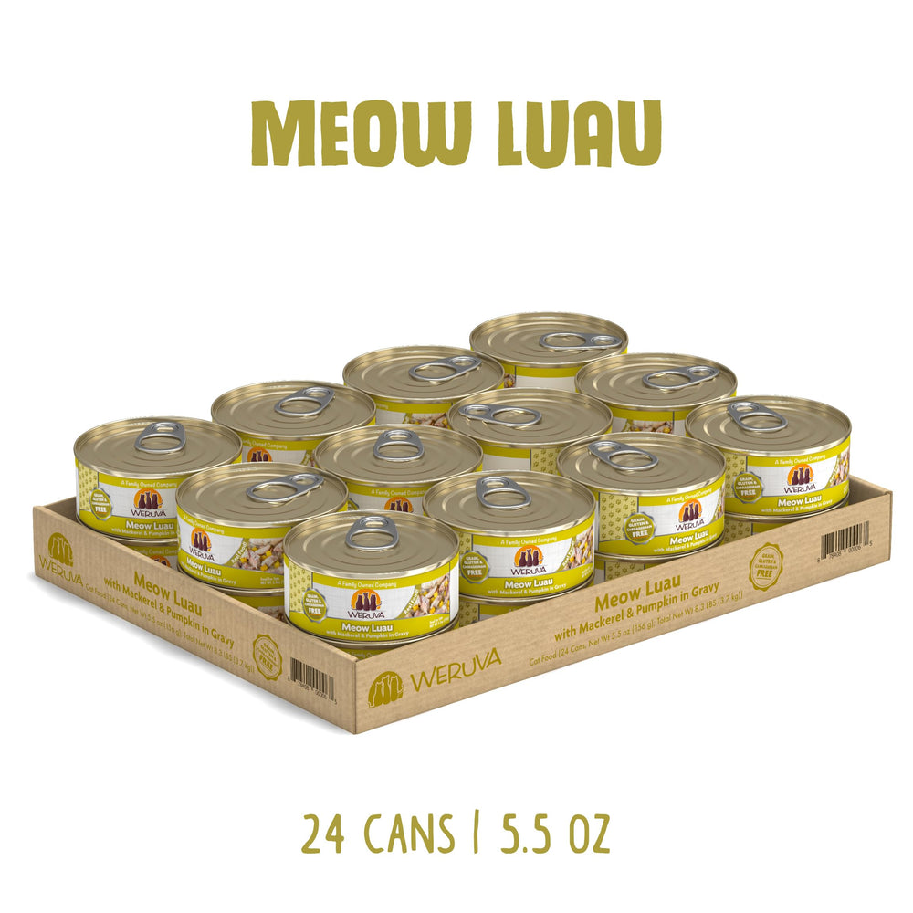 Meow Luau destaca caballa y calabaza en una práctica lata para gatos exigentes.