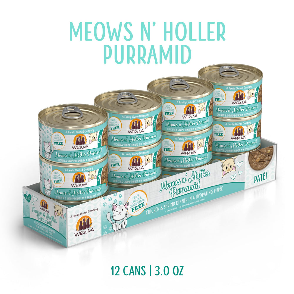 Weruva Meows n Holler PurrAmid, pate cremoso de pollo y camarones para gato.