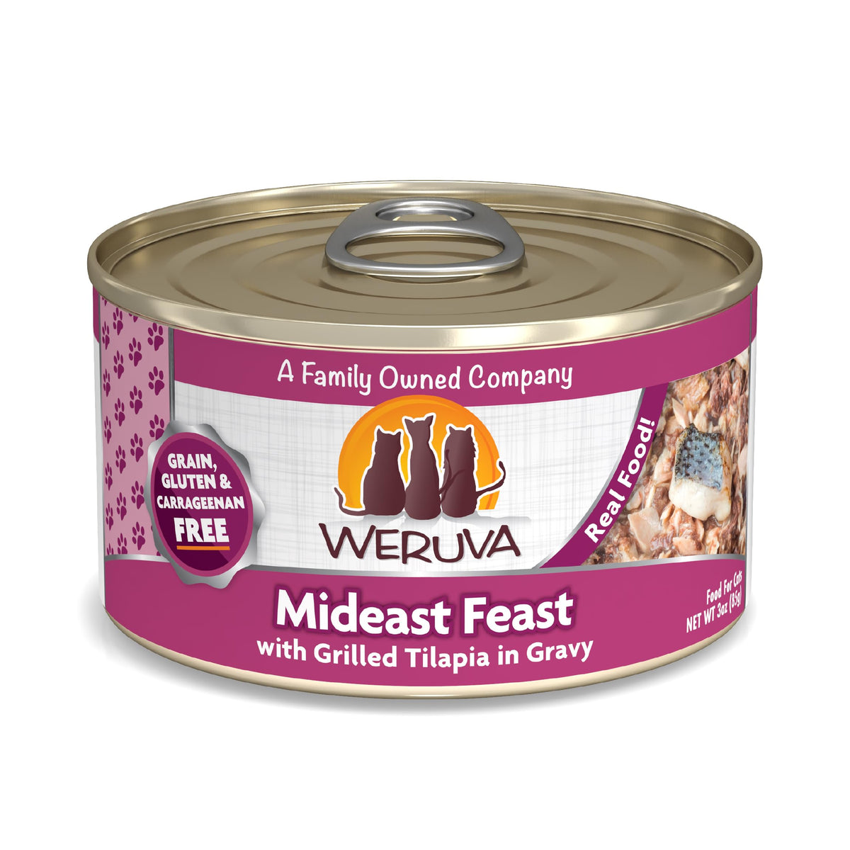 Weruva Mideast Feast tilapia en salsa 3oz, textura apetecible para gatos.