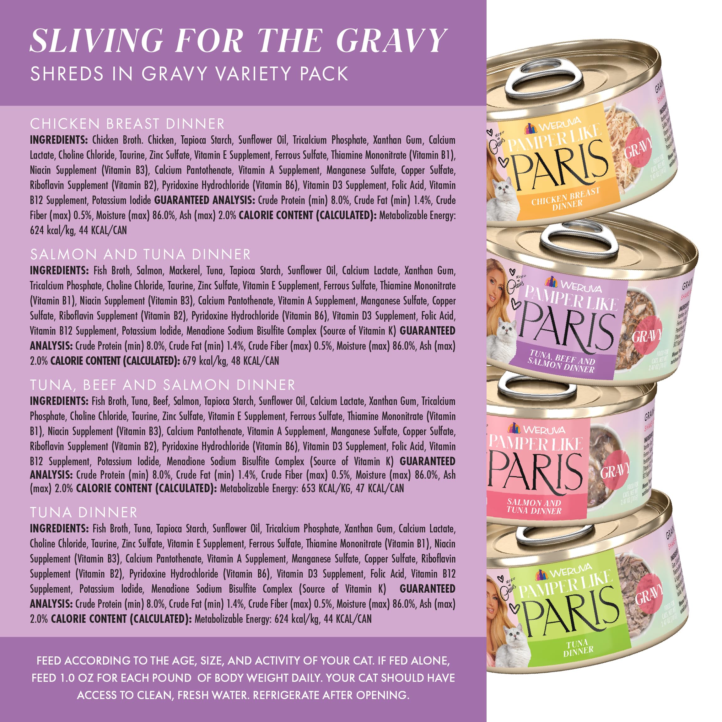 Textura cremosa y sabores variados de Weruva Pamper Like Paris para gatos.