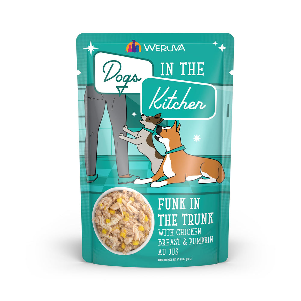 Weruva Funk en el Baúl, bolsa 2.8oz, primer plano para probar sabor.