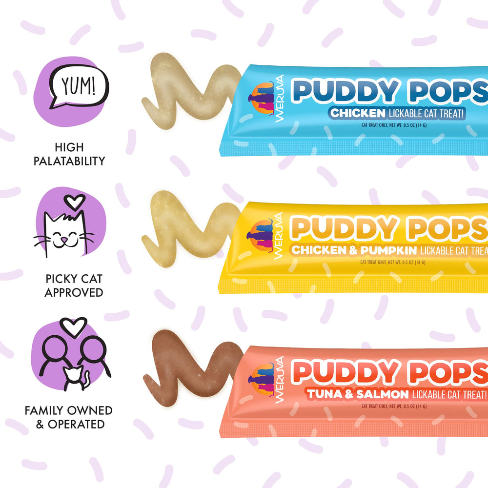 Puddy Pops ofrece sabores pollo, atún y salmón para variedad.